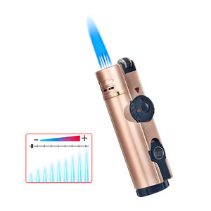 Briquet torche au butane à quatre jets avec logo personnalisé, coupe-cigare, outil moderne en métal, roue à silex rechargeable pour le camping, le barbecue - Product Image 3