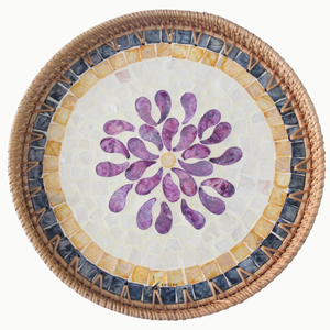 Bandeja de Servir Redonda de Madera Elegante con Incrustaciones de Nácar y Mimbre, Personalizable OEM/ODM, Regalo de Inauguración de Casa, Duradera - Product Image 2