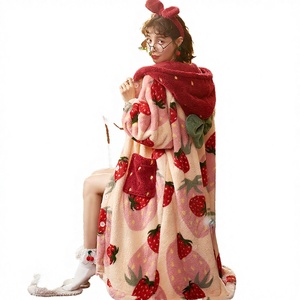 Peignoir de nuit décontracté pour femme en polaire corail épaisse et respirante, avec fermeture élastique à la taille, long, avec logo sur le devant, pyjama - Product Image 2