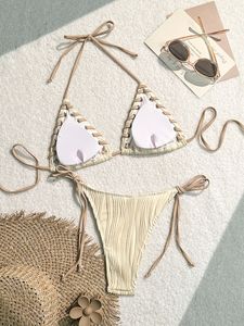 Conjunto de bikini triangular con cordones y textura, traje de baño de dos piezas con lazo lateral, traje de baño bohemio para mujer, traje de baño de verano para playa, venta al por mayor - Product Image 5