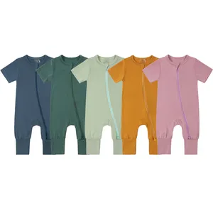 Bán Buôn Trẻ Sơ Sinh Mùa Hè Quần Áo Trẻ Em Bé Jumpsuit Vải Tự Nhiên Đồng Bằng Rắn Tre Bé Dây Kéo Romper