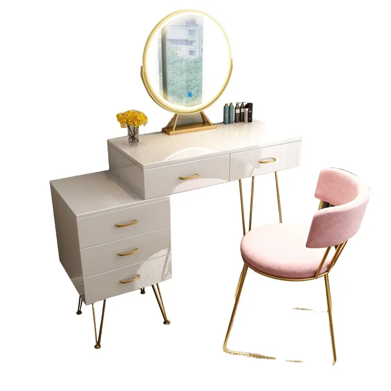 Coiffeuse en bois massif avec 3 tiroirs, miroir de toilette rond pour filles, Table de maquillage