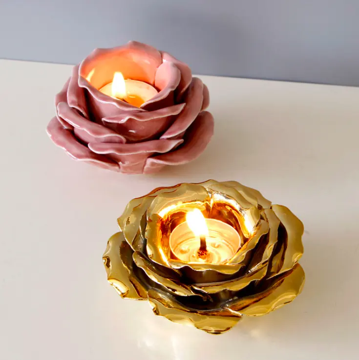 Nhà Sản Xuất Thiết Kế Mới Holidays Handmade Lotus Flower Gốm Vàng Hồng Thời Trang Tealight Candle Holder