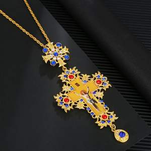 Collar con colgante de diamante, collar de <span class=keywords><strong>Cruz</strong></span> con icono de Jesús, de aleación, chapado en oro - Product Image 4