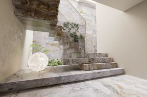 אבן שיש לבנה ארבע עונות, בסיס לבן טבעי עם ורידים אפור-זהובים, עיצוב מודרני, משמשת למשטחי מטבח חיצוניים ווילות. - Product Image 3