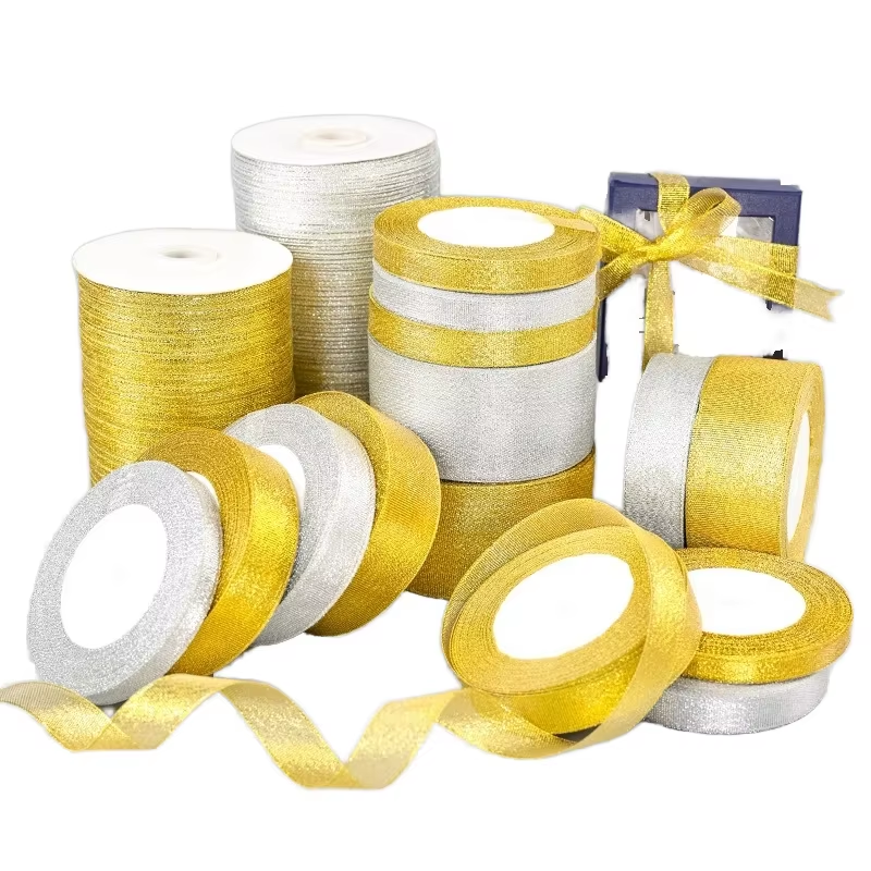 Custom Polyester Fabric Ribbon Gold Silver Metallic for Festive Gift Packaging Decor Gold Foil Printed with Logo for Holidays