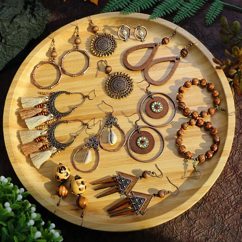 New Boho Vintage Wooden Beads Tassel Earrings Ethnic Tribal Circle Wooden Earrings for Women's Jewelry