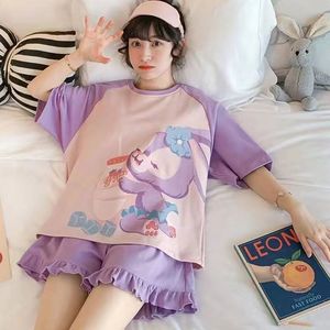 Nuevo y bonito pijama de manga corta de estilo coreano para mujer, cuello, cierre de cintura elástica, tela tejida, ropa informal para el hogar, Min. Pedí 3 uds. - Product Image 3