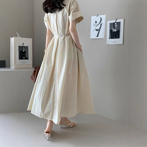 <span class=keywords><strong>Robe</strong></span> maxi décontractée élégante pour femmes, <span class=keywords><strong>été</strong></span>, couleur unie, col rond, <span class=keywords><strong>manches</strong></span> <span class=keywords><strong>courtes</strong></span>, avec ceinture, style chic coréen - Product Image 3