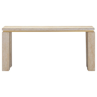 Table console rectangulaire longue en travertin beige avec quatre pieds carrés et détails incrustés en laiton pour entrée et hall – Meuble de maison de rêve