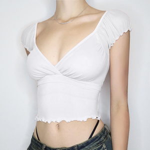 Camiseta Corta de Verano para Mujer con Manga Abullonada y Cuello en V, Ajuste Delgado, Color Sólido, Estilo Americano Sexy - Product Image 5