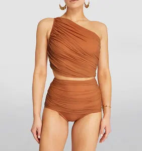 新款单肩泳衣品牌名称两件泳衣厚脸皮高腰比基尼泳衣