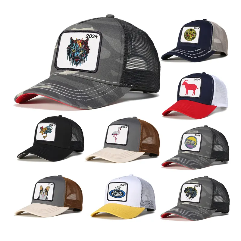 Wholesale custom embroidery animal mesh 5 panel fitted baseball cap sports trucker hats for men