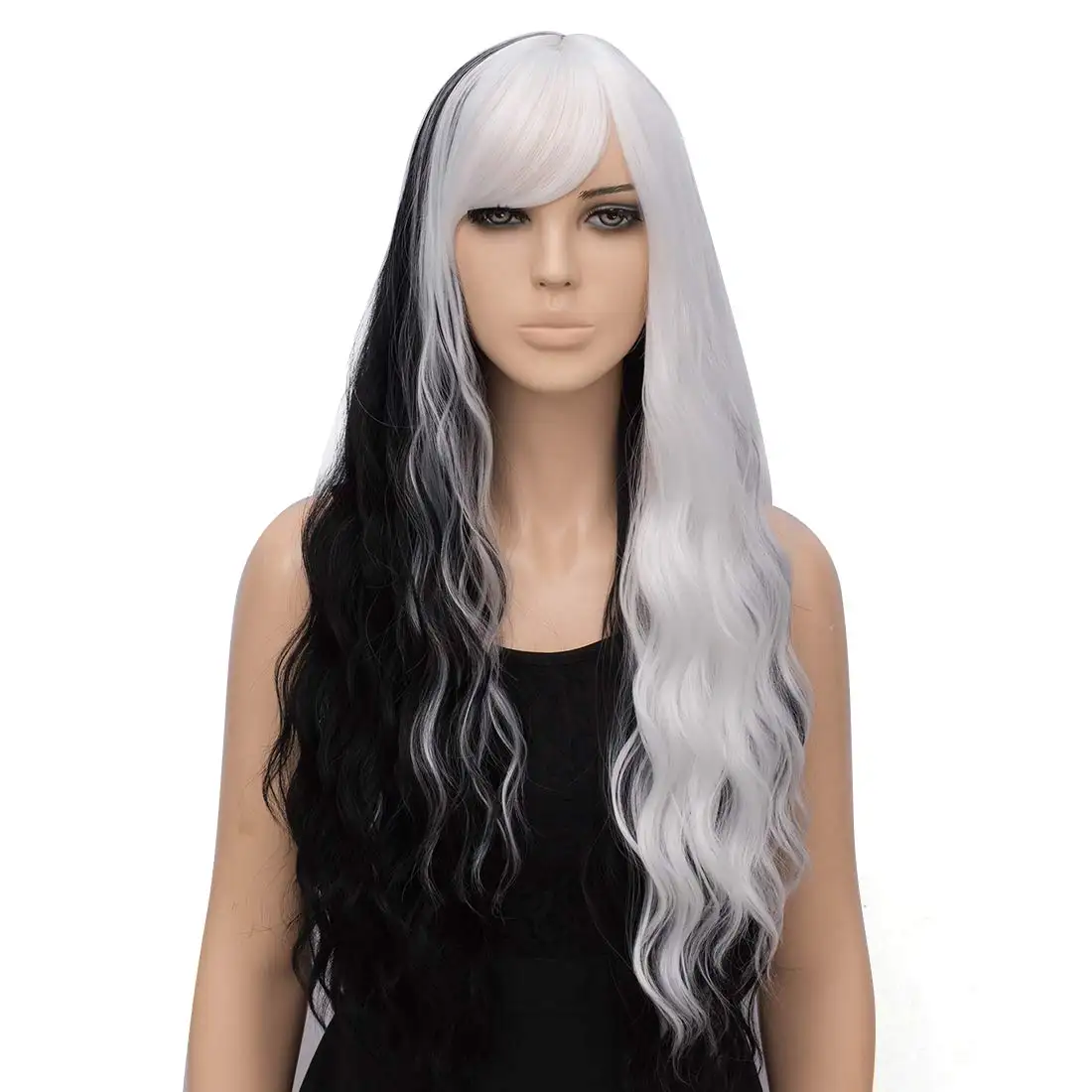 Wig Hitam dan Putih untuk Wanita, Wig Serat Tahan Panas Bergelombang Panjang Poni Samping Cosplay Pesta Wig Rambut Sintetis