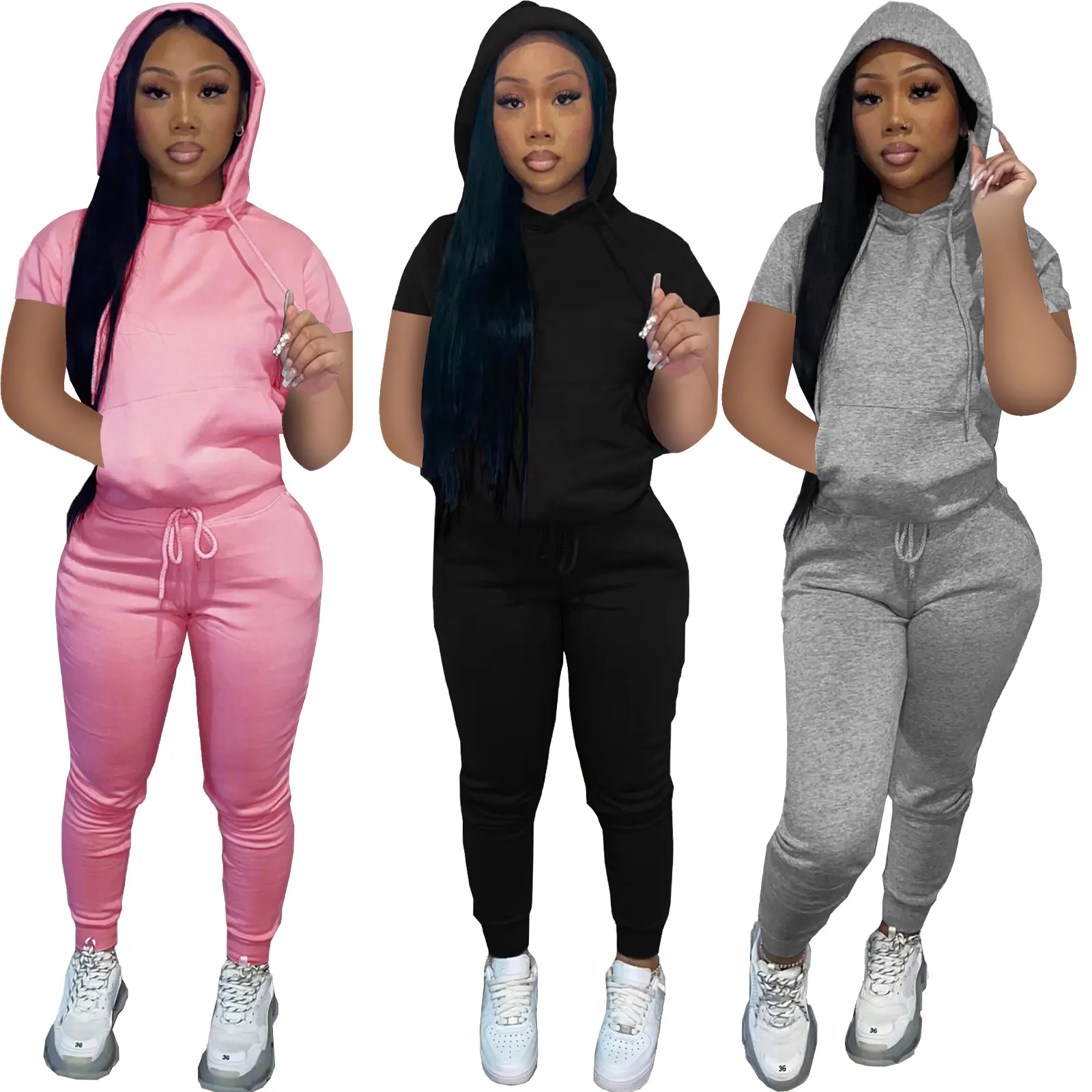 In Stock 2022 New Arrivals Two Piece Jogging Jogger Set Spring Two Piece Short Sets Sweatpants And Hoodie Short Sleeve Set