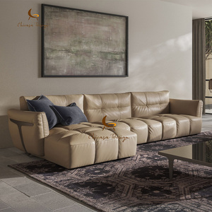 Sofá Seccional de Esquina de Cuero de Estilo Minimalista Italiano, Decoración de Metal, Suave, en Forma de L, para Sala de Estar - Product Image 4