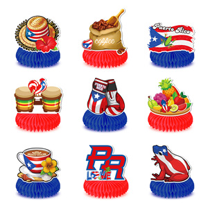 Huancai Puerto <span class=keywords><strong>Rico</strong></span> bandera panal Mesa centros de mesa 9 Uds adornos de papel colgantes para suministros de fiesta de cumpleaños puertorriqueños - Product Image 2