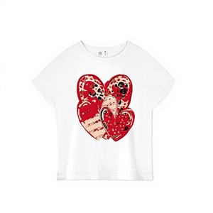 T-shirt court ample en jersey pour femme, imprimé cœur léopard rétro, manches courtes, décontracté, pour la Saint-Valentin, toutes saisons, 100% coton - Product Image 1