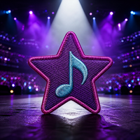 Patchs brodés personnalisés Note de musique étoile Violet Cyan Magenta Bordure en satin épais Patch thermocollant pour veste et sac à dos de musicien