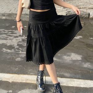 Dark Gothic Punk Style Women's Breathable Natural Waist Midi <b>Skirt</b> High Quality Lace Trim Loose A-Line Casual Streetwear - Product Image 2