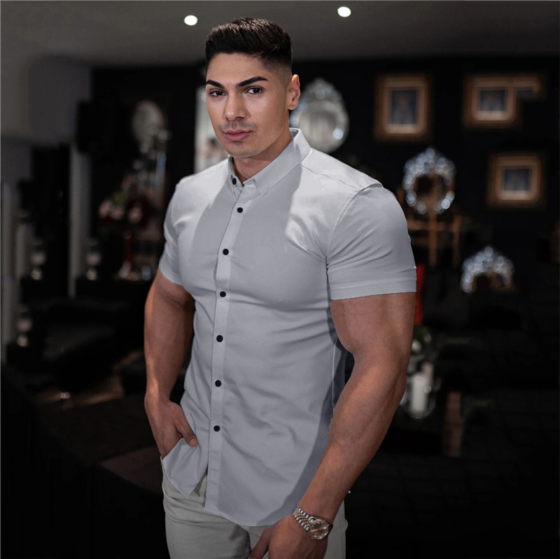 Grey Mens Athletic Fit Stretch Wrinkle Free Button Down Shirt