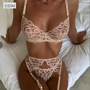 Conjunto de Lencería de 4 Piezas con Bordado Irregular, Conjunto Erótico de Sujetador y Bragas Transparentes con Parches de Malla y Liguero - Product Image 2