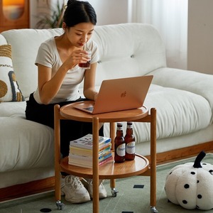 Cherry Wood <b>Round</b> Coffee <b>Table</b> With Wheels Double Layer Storage Portable <b>Side</b> <b>Table</b> For Living Room Bedroom - Product Image 1