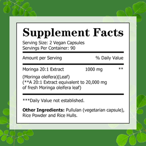 Capsules de feuilles de Moringa de haute qualité avec extrait de Moringa 20:1, favorisent la digestion, l'immunité, l'énergie, la clarté mentale et sont antioxydantes - Product Image 2
