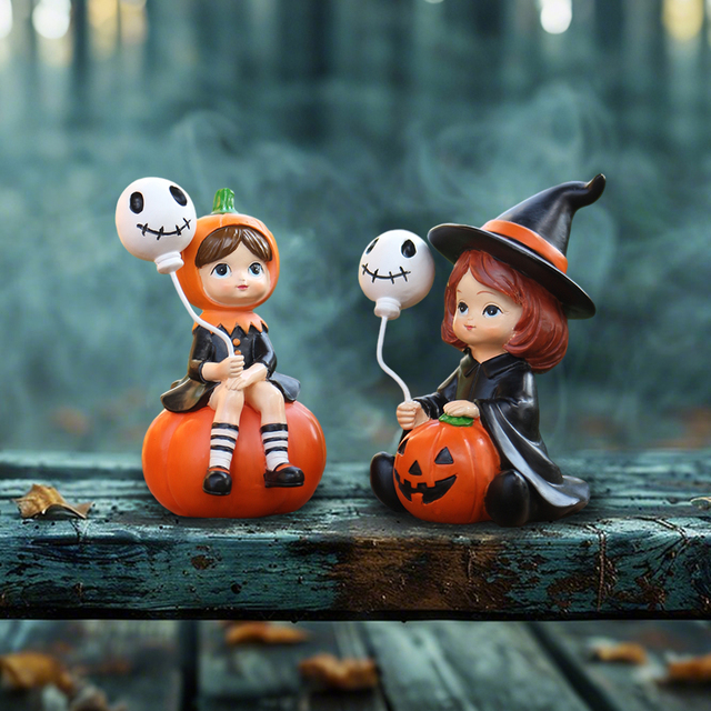 Resin Set of 2 Witch Figure Sitting on the Top of Pumpkin With Skeleton Balloon Halloween Decoration Ready to Ship Products