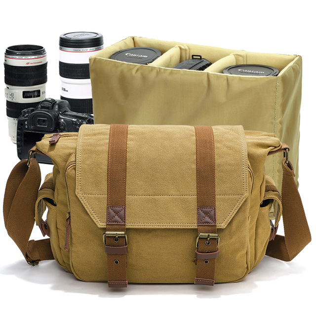 DSLR SLR Canvas Shoulder Bag Shockproof Camera Messenger Bag with Removable Camera Insert Case for Canon Sony Nikon