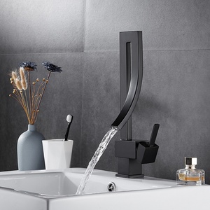 Robinet de cuisine et de salle de bain contemporain à trou unique, robinet de lavabo créatif en cascade, mélangeur en laiton, finition noire pour lavabo - Product Image 3
