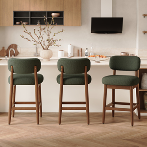 Tabourets de bar modernes avec revêtement en bouclette, structure en bois massif, design mi-siècle, hauteur de comptoir, pour bar à domicile, salle à manger, atelier - Product Image 1