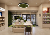 Étagère de présentation en bois peinte sur mesure pour boutique de beauté, mobilier de présentation de parfums personnalisé, design d'intérieur moderne pour magasin de cosmétiques