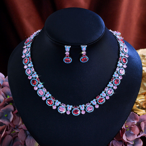 <span class=keywords><strong>Collana</strong></span> glamour e orecchini di forma ovale abbagliante zirconi cubici blu rosso <span class=keywords><strong>rosa</strong></span> grande Set di gioielli Multicolor per banchetti da donna - Product Image 3