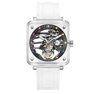 Montre mécanique de luxe carrée pour homme avec tourbillon, boîtier en saphir synthétique visible et cadran squelette - Product Image 1