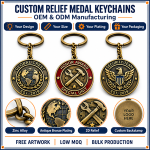 Custom Antique Bronze 2D Relief Corporate Award Medal Keychains with Personalized Backstamp OEM ODM Manufacturing - Product Image 4