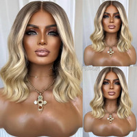 Pelucas de Cabello Humano Rubio Ceniza Degradado, Pelucas de Encaje con Cabello Virgen 100% Alineado con la Cutícula, Pelucas Cortas con Frente de Encaje sin Pegamento para Mujer