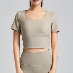 Wholesale Women's Ribbed Built-in Bra Square Neck Yoga Top Breathable Mesh Back Crop Workout Shirt High Stretch Athletic Wear - Product Image 5