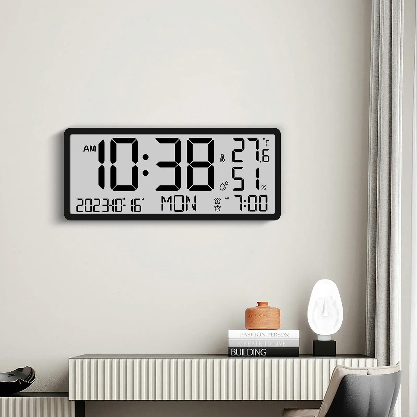 Jam meja dinding besar Jumbo, LCD Digital dengan kelembaban suhu dalam dan luar ruangan