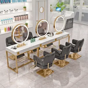 2023 cheap gold & white led mirror station double side barber salon shop mirror station table