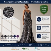 Tissu à paillettes noir en maille holographique argentée à motif tourbillonnant pour robe de soirée femme