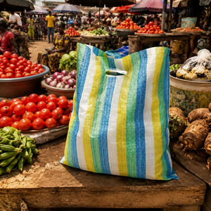 Bolsas de Compras Personalizadas de Polipropileno Tejido, Laminadas, con Diseño de Franjas Coloridas para el Mercado de Senegal, Costa de Marfil, Mali y Burkina Faso - Product Image 1