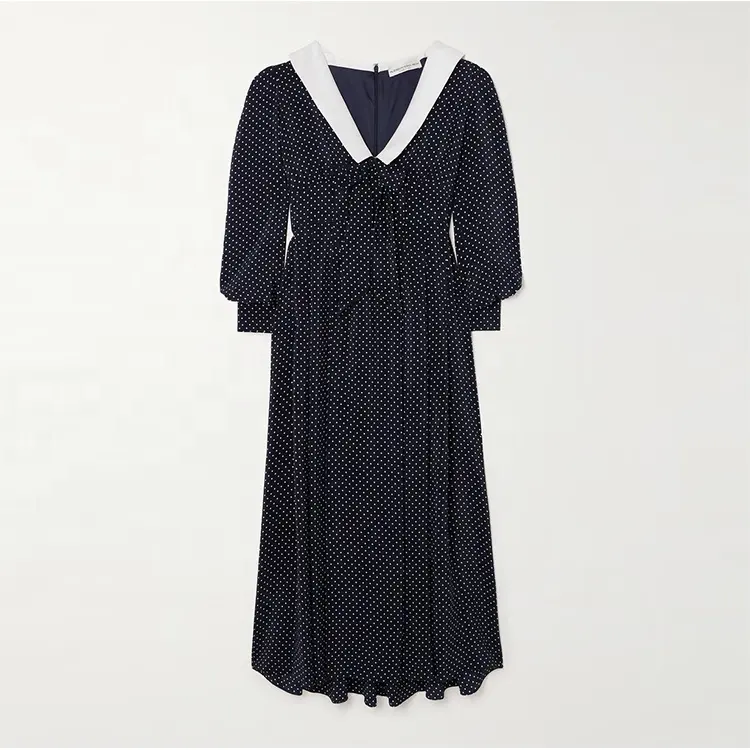 Fabricante de ropa personalizado negro primavera otoño cuello en V manga larga arco grano fino lunares elegante Casual mujeres Midi vestido
