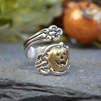 CAOSHI Bagues ouvertes réglables style vintage d'inspiration sombre, plaquées couleur argent antique/doré, motif citrouille, bijoux de fête pour femmes et hommes, Halloween