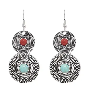 Vintage Style Carves Flower Drop Dangle Earrings Silver Red Green Gemstone Pendant Earrings