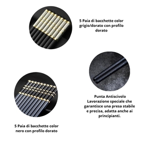 Set di 10 bacchette riutilizzabili per sushi, nere con punta dorata, antiscivolo, in stile giapponese, per mangiare e come regalo - Product Image 2