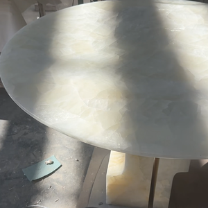 Table à manger de luxe en jade blanc glacier naturel, moderne et simple, ronde, pour villa, hôtel, appartement, salle à manger - Product Image 2