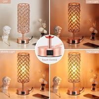 Lampe de table moderne en cristal à commande tactile à 3 niveaux de luminosité, LED 3500K blanc chaud, protection des yeux, rose gold, ports USB-C, ampoule incluse