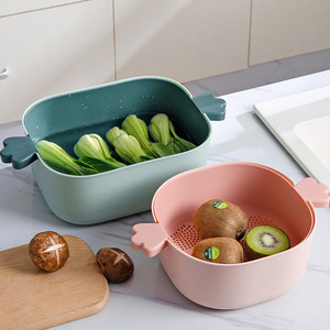 Double Layer Vegetable Washing <b>Basket</b> <b>Plastic</b> Drain Basin With Lid For Kitchen Use - Product Image 2