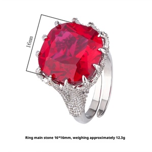 Fashion Jewelry Eco-friendly Copper Big 16*16mm Red Corundum Zircon Finger <b>Adjustable</b> <b>Rings</b> for Women Premium Daily Wear - Product Image 2